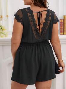 SHEIN Frenchy Hơn Ren tương phản Buộc lại Romper - màu đen - Xem 1