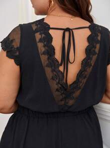 SHEIN Frenchy Hơn Ren tương phản Buộc lại Romper - màu đen - Xem 2