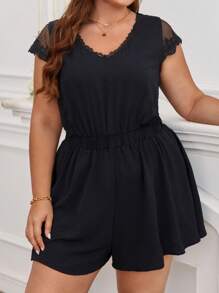 SHEIN Frenchy Hơn Ren tương phản Buộc lại Romper - màu đen - Xem 4