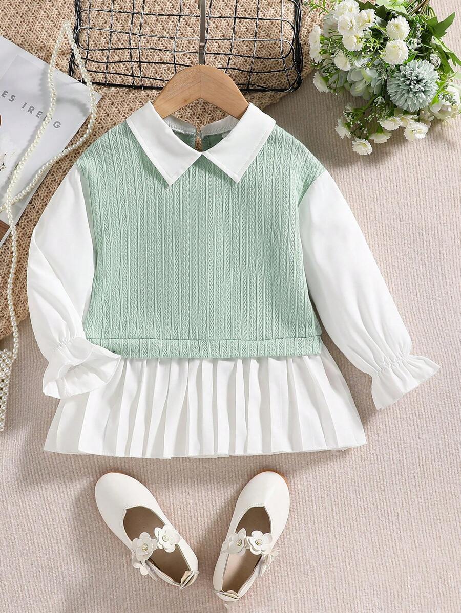 SHEIN 女小童雙色荷葉袖百褶下擺二合一運動衫 - 綠色 - 查看 1