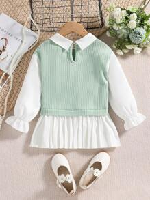SHEIN 女小童雙色荷葉袖百褶下擺二合一運動衫 - 綠色 - 查看 2