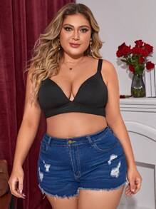 Plus Size Black Plain Scallop Contrast Lace Bra With Medium Stretch - Black - View 1