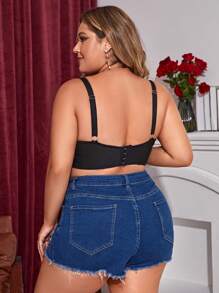 Plus Size Black Plain Scallop Contrast Lace Bra With Medium Stretch - Black - View 2