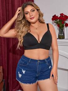 Plus Size Black Plain Scallop Contrast Lace Bra With Medium Stretch - Black - View 3