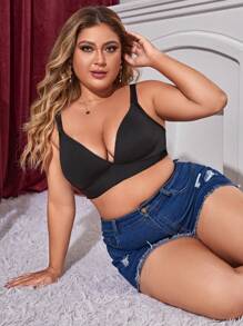 Plus Size Black Plain Scallop Contrast Lace Bra With Medium Stretch - Black - View 4