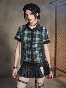 ROMWE Grunge Punk 格紋前紐扣襯衫帶背帶 - 彩色 - 查看 1
