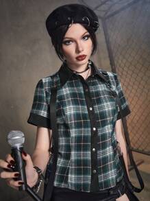 ROMWE Grunge Punk 格紋前紐扣襯衫帶背帶 - 彩色 - 查看 2