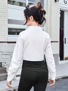 SHEIN Leap Crew 少女纯色翻领收腰短款长袖休闲衬衫 - 白色 - 查看 2