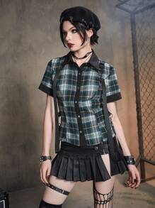 ROMWE Grunge Punk 格紋前紐扣襯衫帶背帶 - 彩色 - 查看 3