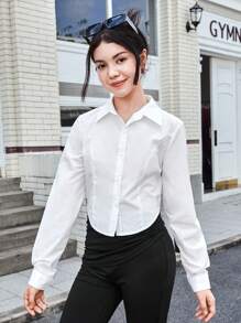 SHEIN Leap Crew 少女纯色翻领收腰短款长袖休闲衬衫 - 白色 - 查看 3