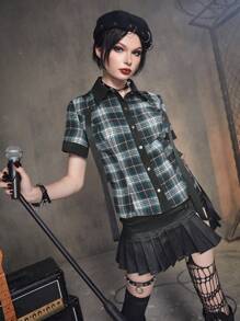 ROMWE Grunge Punk 格紋前紐扣襯衫帶背帶 - 彩色 - 查看 5