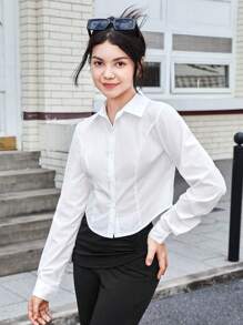 SHEIN Leap Crew 少女纯色翻领收腰短款长袖休闲衬衫 - 白色 - 查看 5