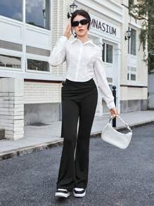 SHEIN Leap Crew 少女纯色翻领收腰短款长袖休闲衬衫 - 白色 - 查看 6