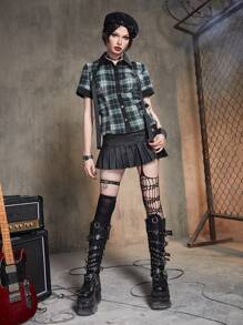 ROMWE Grunge Punk 格紋前紐扣襯衫帶背帶 - 彩色 - 查看 7