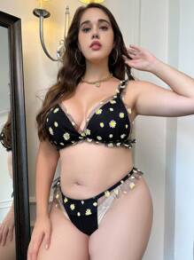 Plus Daisy Print Ruffle Trim Lingerie Set - Black - View 3