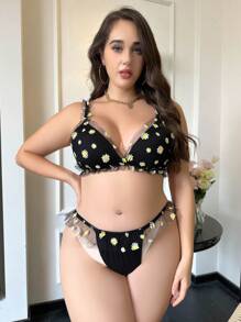 Plus Daisy Print Ruffle Trim Lingerie Set - Black - View 5