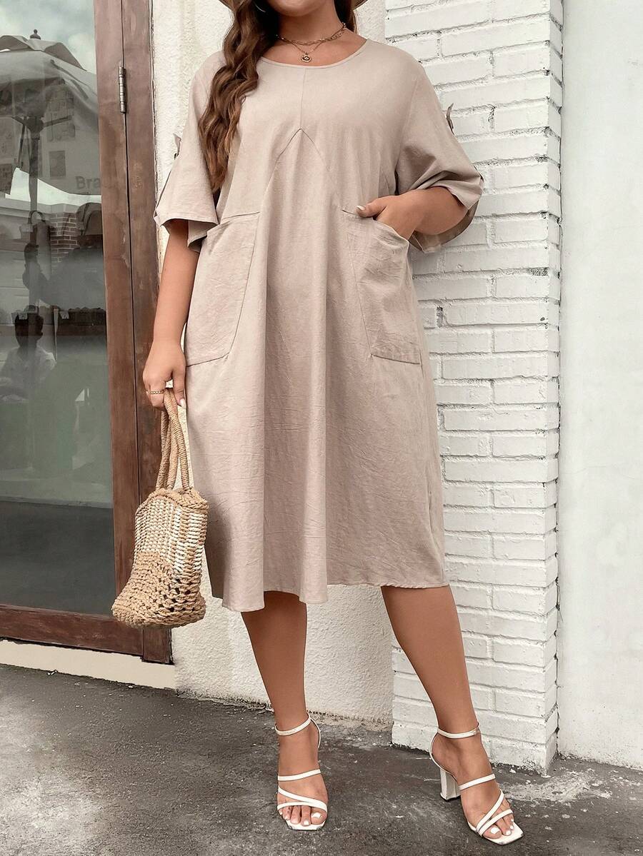 SHEIN LUNE Plus Dual Pocket Dress - Khaki - View 1