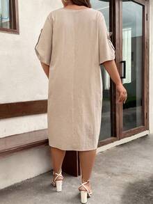 SHEIN LUNE Plus Dual Pocket Dress - Khaki - View 2