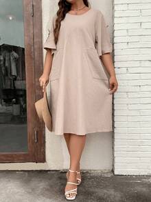 SHEIN LUNE Plus Dual Pocket Dress - Khaki - View 4