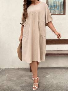SHEIN LUNE Plus Dual Pocket Dress - Khaki - View 5