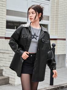 SHEIN Leap Crew 青少年纯色仿口袋翻领 PU 皮革长袖开衫