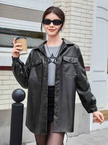 SHEIN Leap Crew 青少年纯色仿口袋翻领 PU 皮革长袖开衫