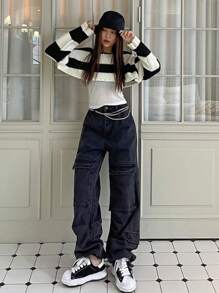 DAZY 雙色落肩袖短款毛衣 - 黑與白 - 查看 4