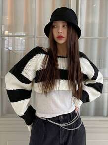 DAZY 雙色落肩袖短款毛衣 - 黑與白 - 查看 5