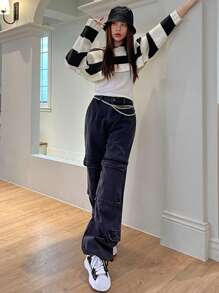 DAZY 雙色落肩袖短款毛衣 - 黑與白 - 查看 6