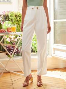 SHEIN Frenchy 高腰拼接細節直筒褲 - 白色 - 查看 6