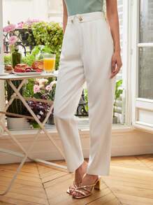SHEIN Frenchy 高腰拼接細節直筒褲 - 白色 - 查看 8