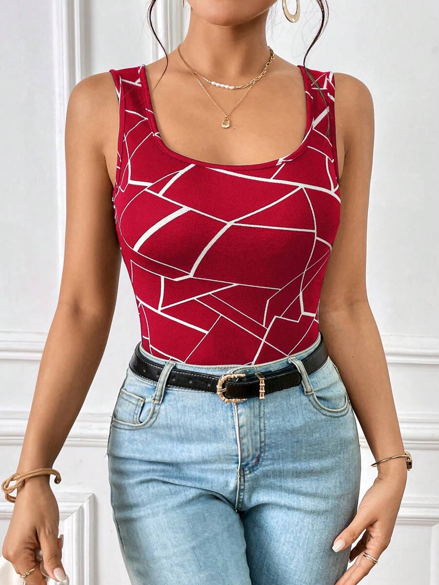 SHEIN Essnce Geo Print Tank Top - Burgundy - View 1