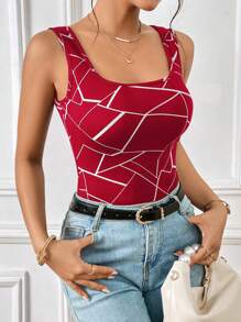 SHEIN Essnce Geo Print Tank Top - Burgundy - View 3