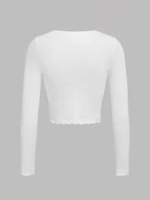 SHEIN Teen Girl Lettuce Trim Button Front Tee - White - View 2