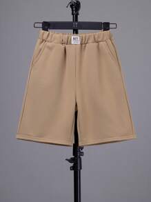 SHEIN Tween Boy Letter Patched Detail Shorts - Khaki - View 1