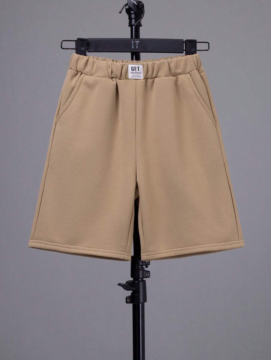 SHEIN Tween Boy Letter Patched Detail Shorts - Khaki - View 1