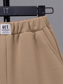 SHEIN Tween Boy Letter Patched Detail Shorts - Khaki - View 5