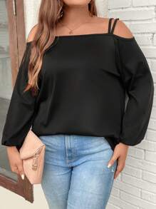 SHEIN LUNE Plus Cut Out Shoulder Lantern Sleeve Tee - Black - View 1