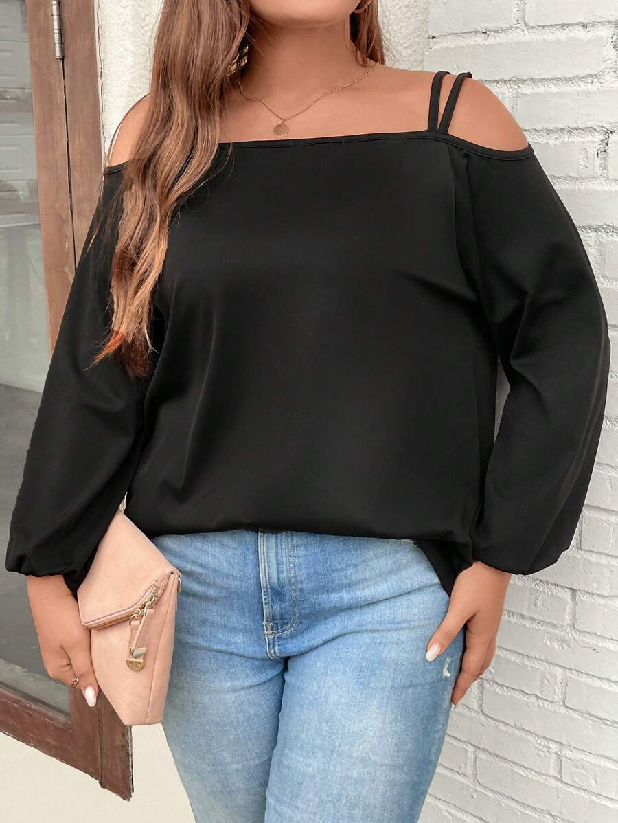 SHEIN LUNE Plus Cut Out Shoulder Lantern Sleeve Tee - Black - View 1