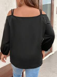 SHEIN LUNE Plus Cut Out Shoulder Lantern Sleeve Tee - Black - View 2
