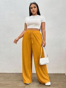 SHEIN EZwear Plus Tie Waist Plisse Wide Leg Pants