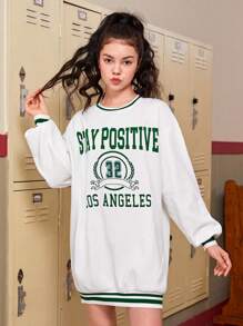 SHEIN Teen Girl Letter Graphic Striped Trim Drop Shoulder Sweatshirt Dress - White - View 3