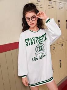 SHEIN Teen Girl Letter Graphic Striped Trim Drop Shoulder Sweatshirt Dress - White - View 6