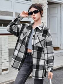 Teen Girl Plaid Patch Pocket Drop Shoulder Overcoat - Multicolor - View 1