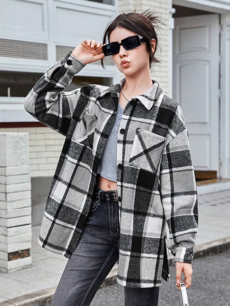 Teen Girl Plaid Patch Pocket Drop Shoulder Overcoat - Multicolor - View 1