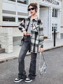 Teen Girl Plaid Patch Pocket Drop Shoulder Overcoat - Multicolor - View 3
