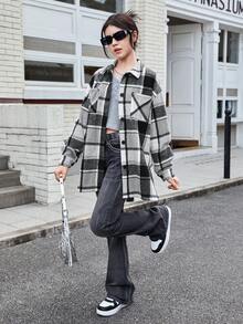 Teen Girl Plaid Patch Pocket Drop Shoulder Overcoat - Multicolor - View 4