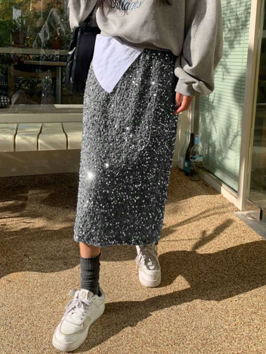 DAZY 纯色亮片直筒半身裙 舞会裙 新年女装 嘉年华 - 灰色 - 查看 1