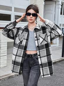 Teen Girl Plaid Patch Pocket Drop Shoulder Overcoat - Multicolor - View 5