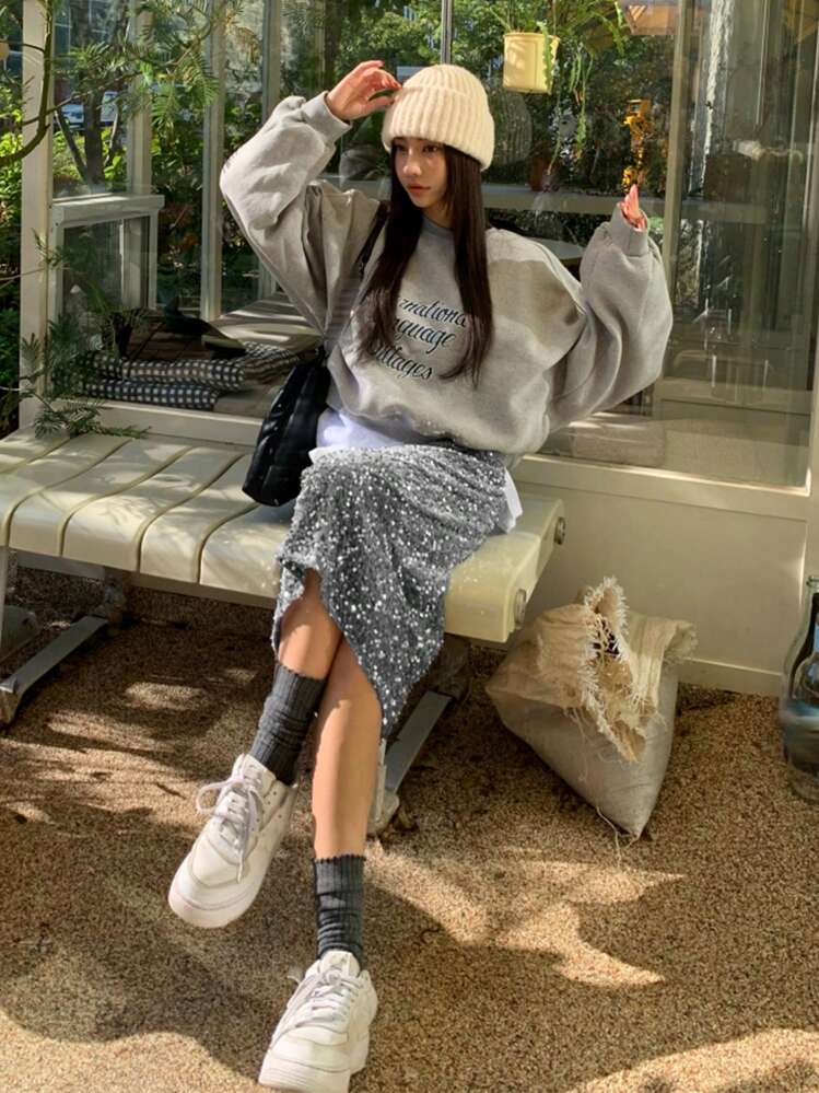 DAZY 纯色亮片直筒半身裙 舞会裙 新年女装 嘉年华 - 灰色 - 查看 5